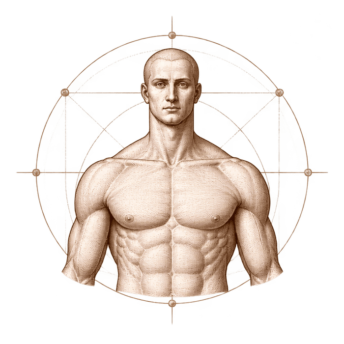 Grabado anatómico de un torso inscrito en un círculo y ejes geométricos.