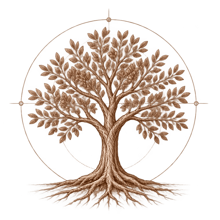 Grabado de un árbol con raíces, inscrito en un círculo con ejes.